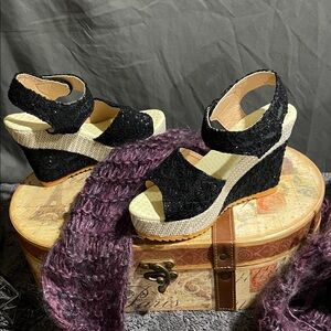 Black Wedge Espadrille Sandals with Ankle Strap